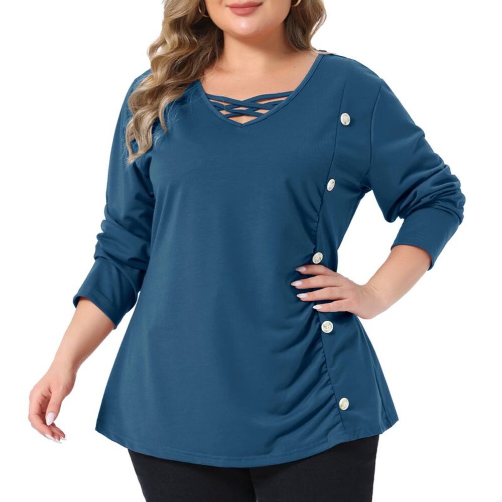 Women Plus Size Tops V Neck Long Sleeve Button T Shirt Blouse Blue